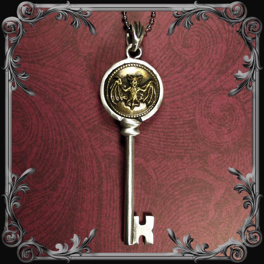 Bat Key Pendant - Partial Antique Brass Finish - The Black Broom