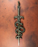 Sword and Serpent Pendant - Red Rhinestones - Antique Brass Finish - The Black Broom