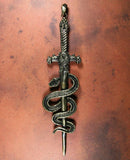 Sword and Serpent Pendant - Red Rhinestones - Antique Brass Finish - The Black Broom