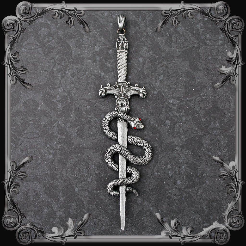 Sword and Serpent Pendant - Red Rhinestones - The Black Broom