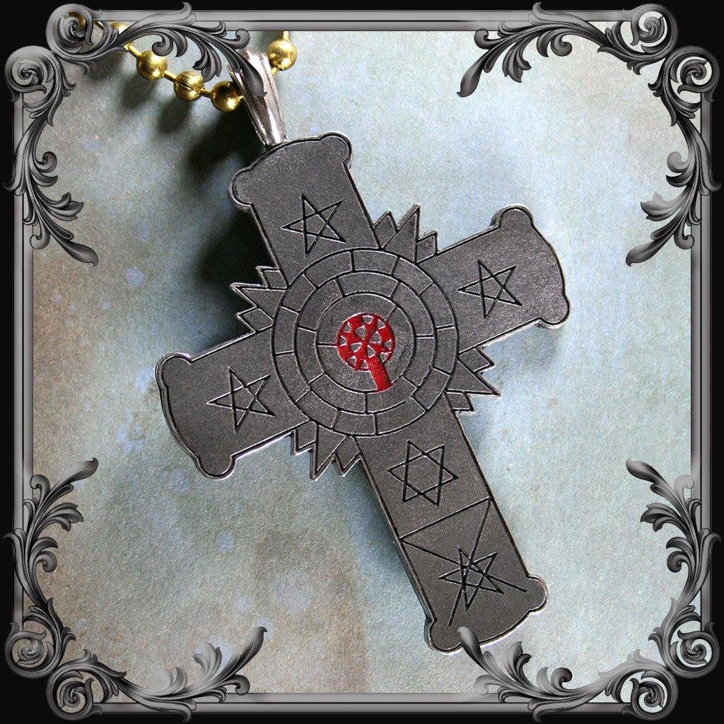 Rose Cross Necklace with Red Inlay - The Black Broom