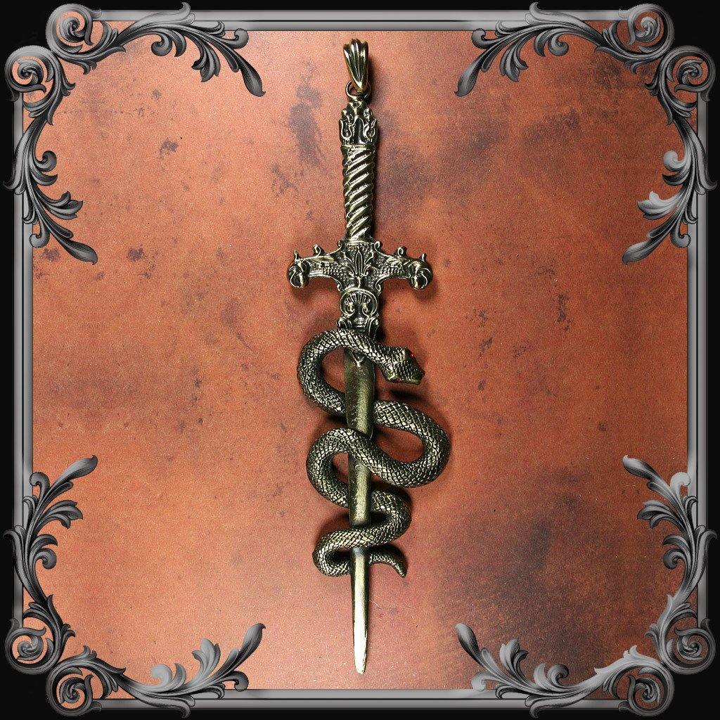 Sword and Serpent Pendant - Red Rhinestones - Antique Brass Finish - The Black Broom
